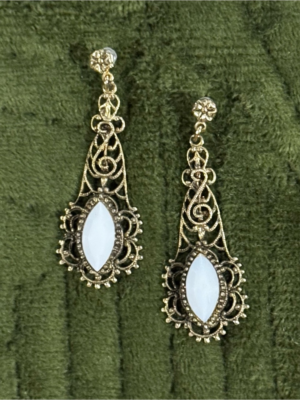 Vintage Gold Filigree Drop Earrings with Faceted White Milk Glass